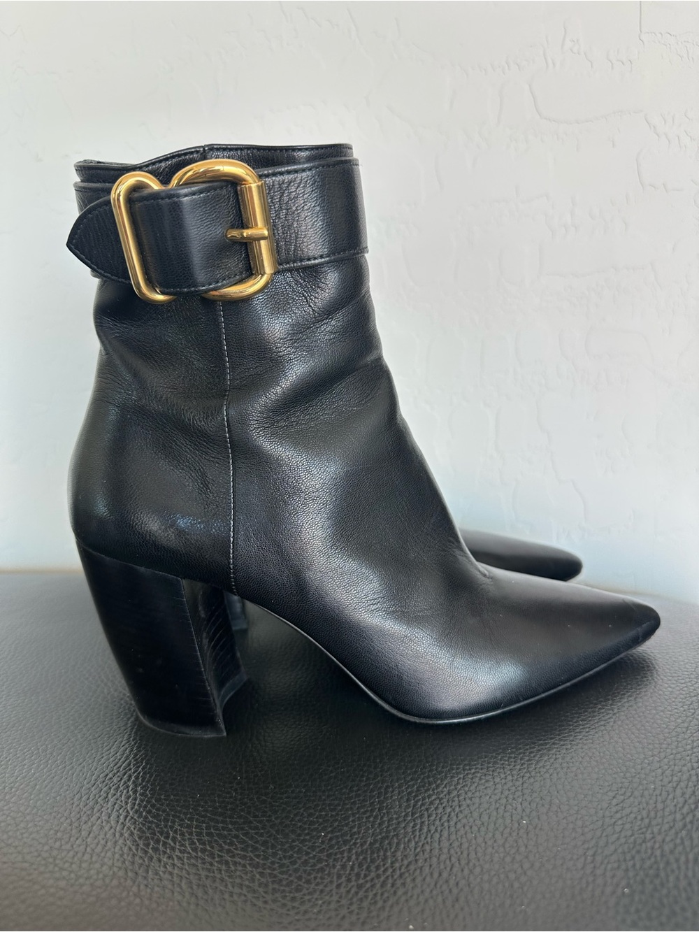Prada Black Leather Ankle Boots with Gold Buckle